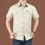Mens Short Sleeve Cotton Casual Tactical Shirt Half Sleeve for Hiking Climbing Hunting Outdoor Sport Shirt for Men-Beige / XL